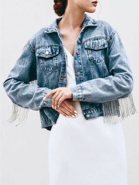 Heirloom Bridal Mrs Fancy Rhinestone Fringe Denim Jacket S